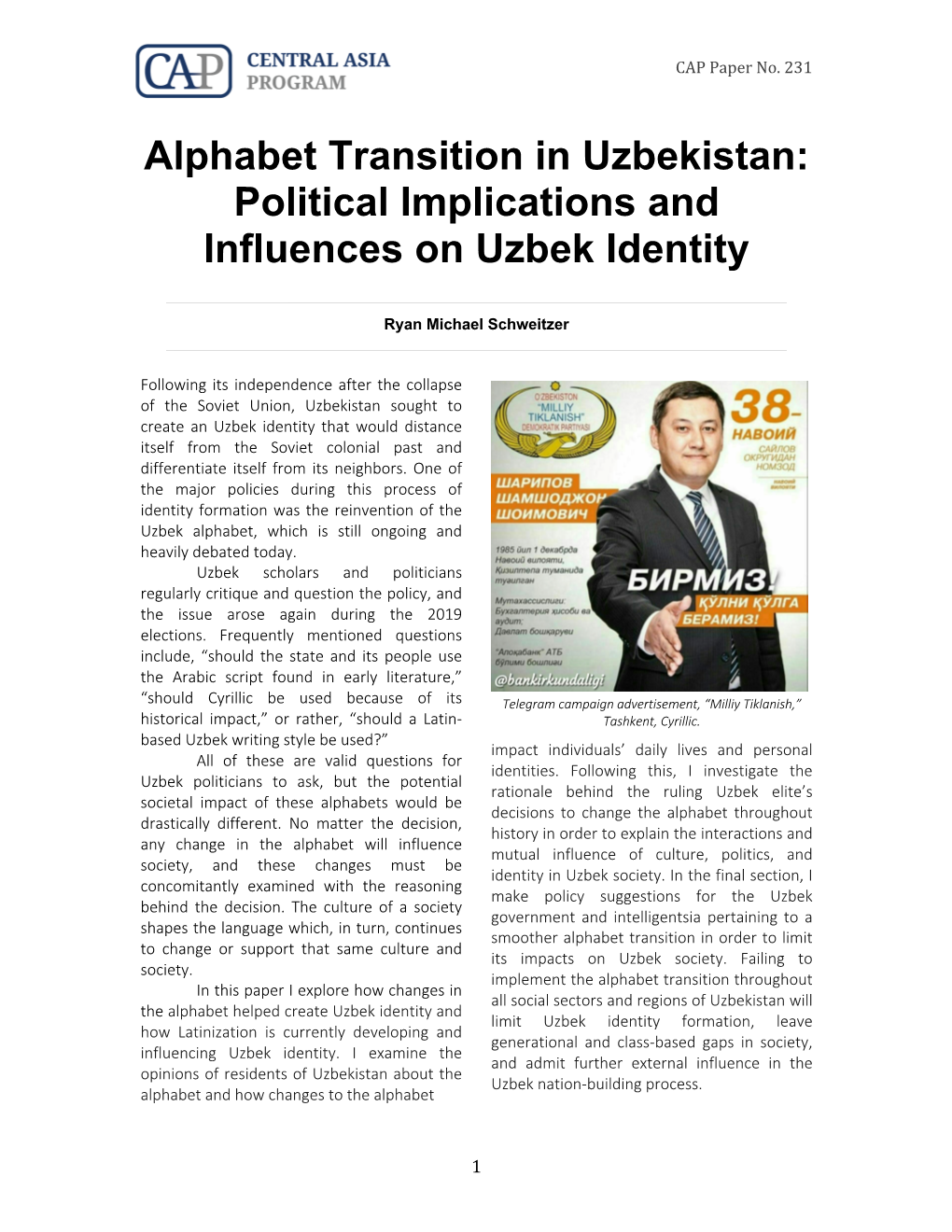 Alphabet Transition in Uzbekistan: Political Implications and Influences on Uzbek Identity