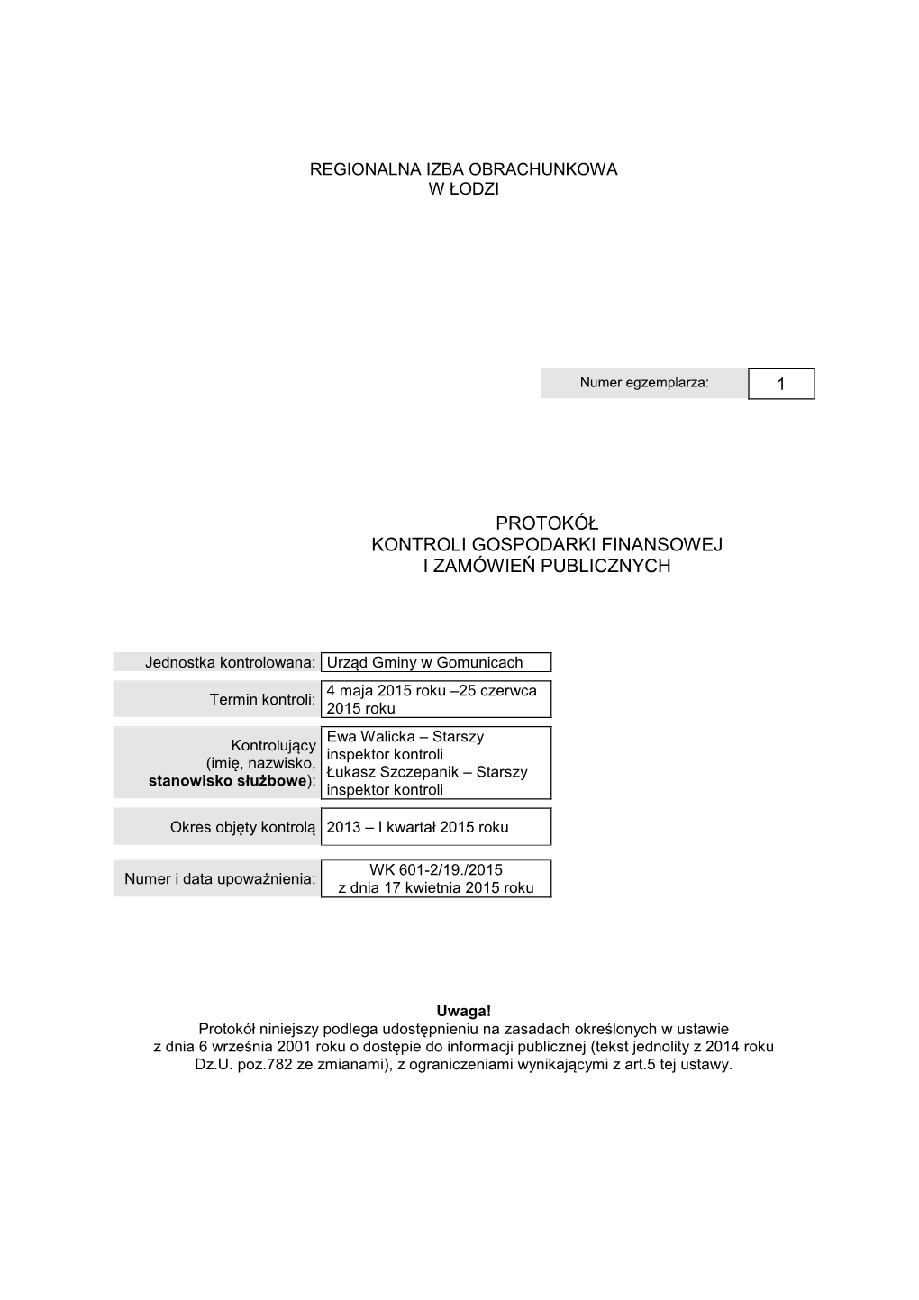 Protokół Kontroli Gospodarki Finansowej I Zamówie Ń Publicznych