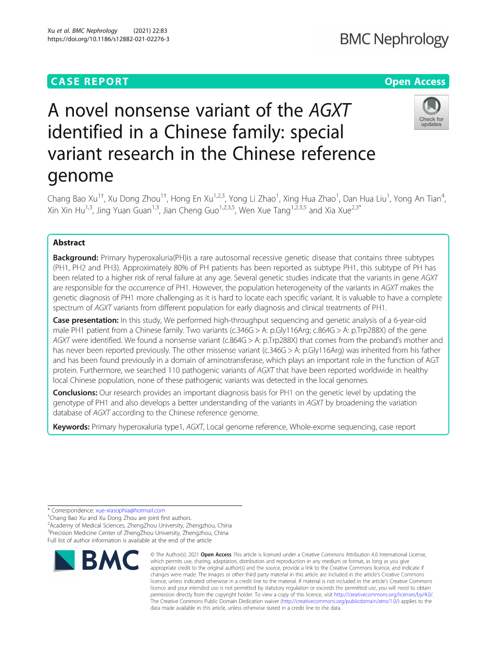 A Novel Nonsense Variant of the AGXT Identified in a Chinese Family