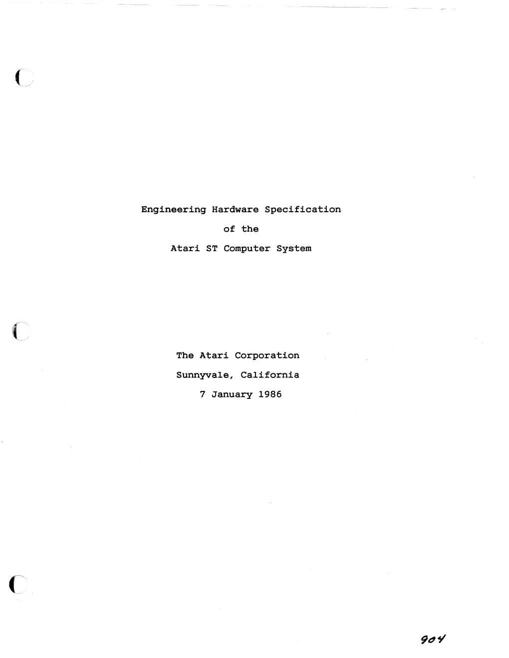 Engineering Hardware Specification of the Atari ST Computer System