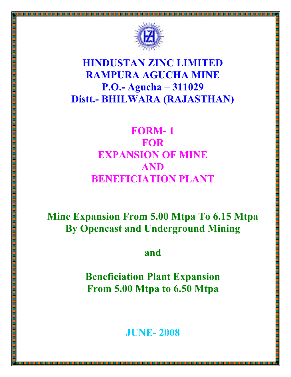 Hindustan Zinc Limited Rampura Agucha Mine Po