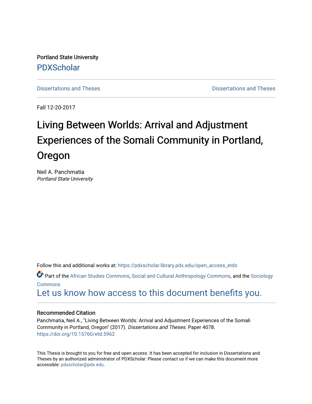 Living Between Worlds: Arrival and Adjustment Experiences of the Somali Community in Portland, Oregon