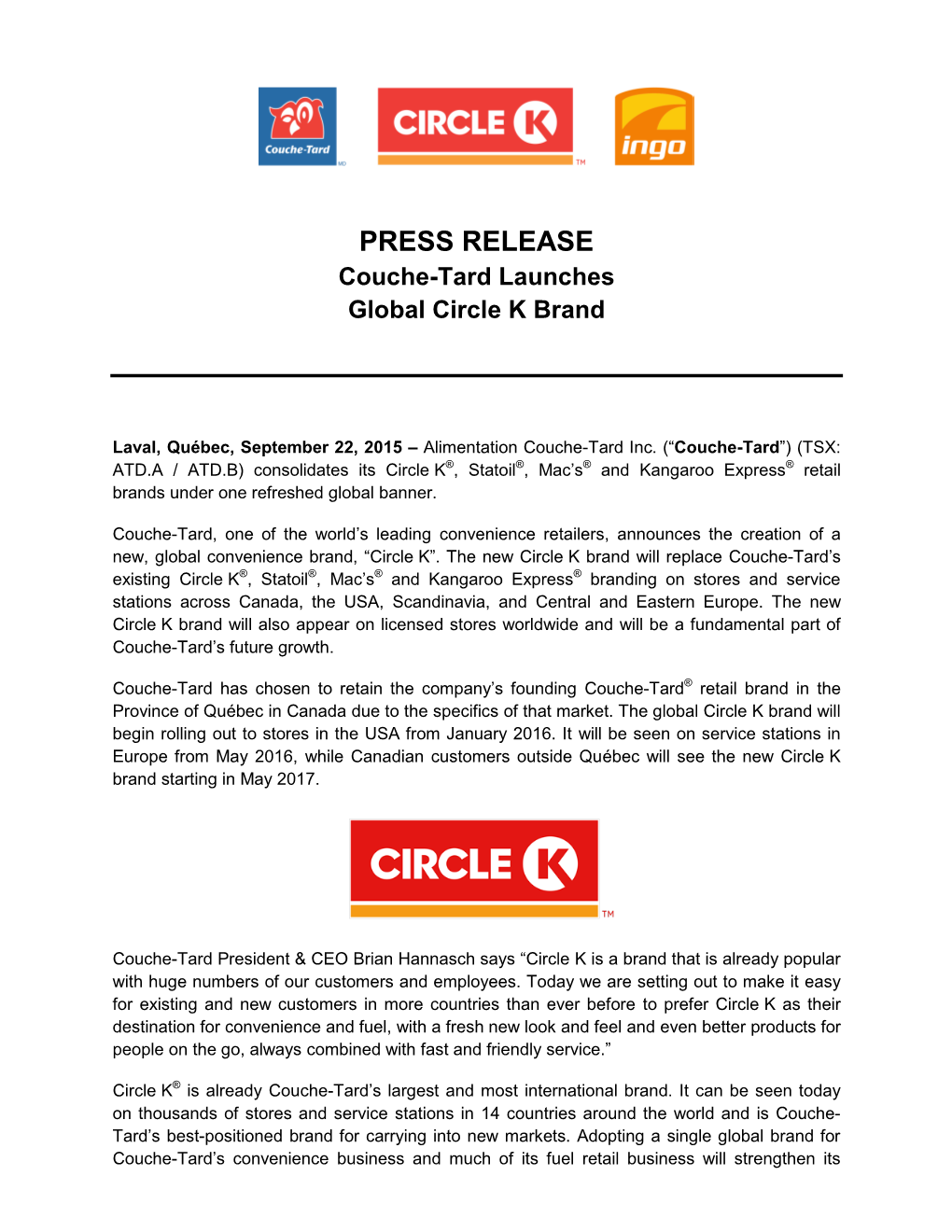 PRESS RELEASE Couche-Tard Launches Global Circle K Brand