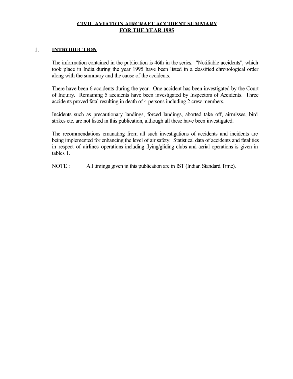 Civil Aviation Aircraft Accident Summary for the Year 1995