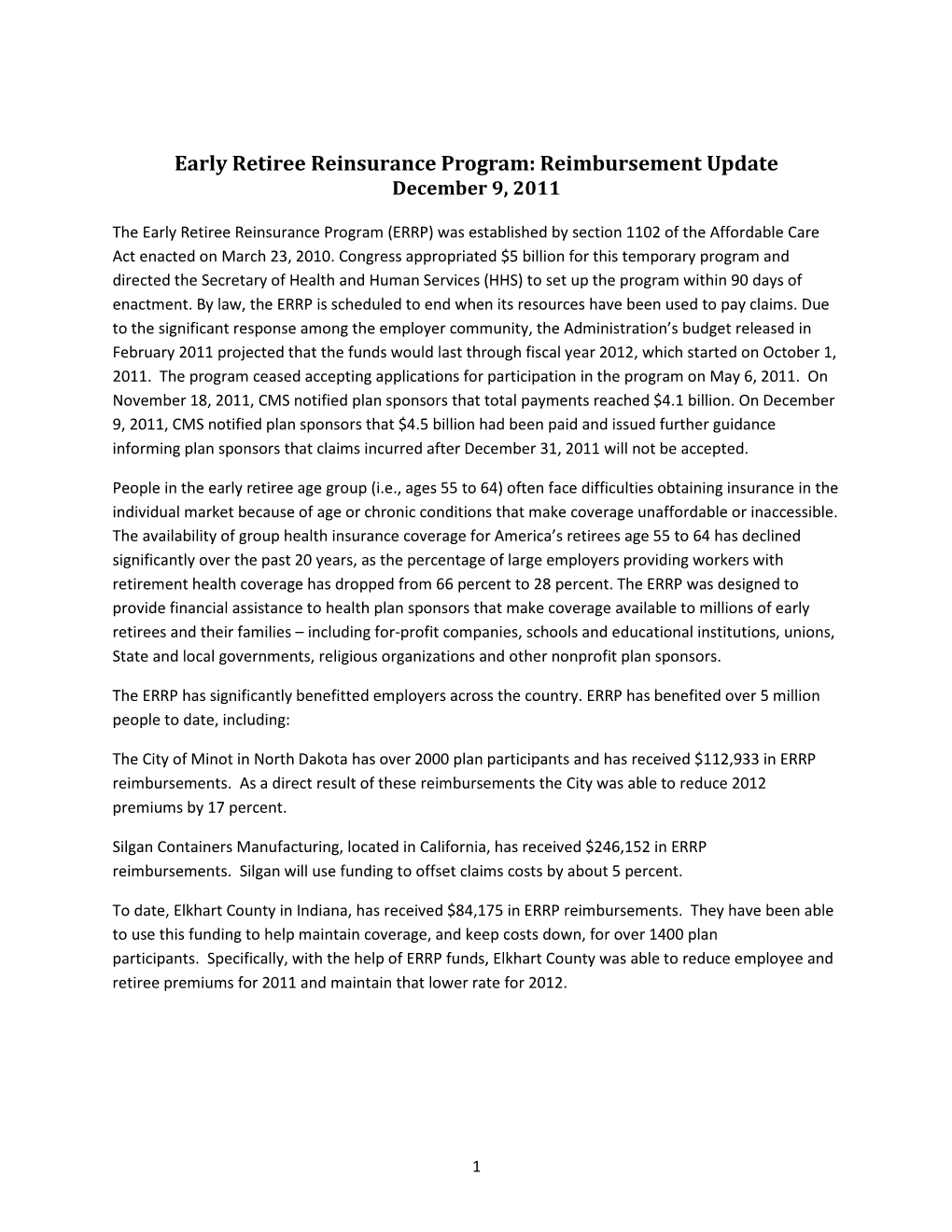 Early Retiree Reinsurance Program: Reimbursement Update, December