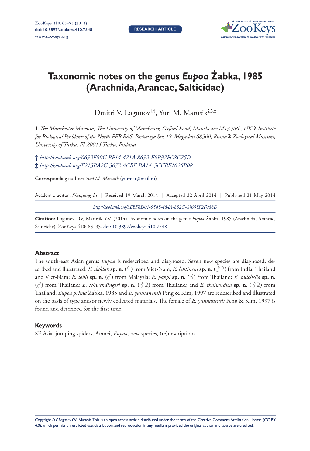 Taxonomic Notes on the Genus Eupoa Żabka, 1985 (Arachnida, Araneae, Salticidae)