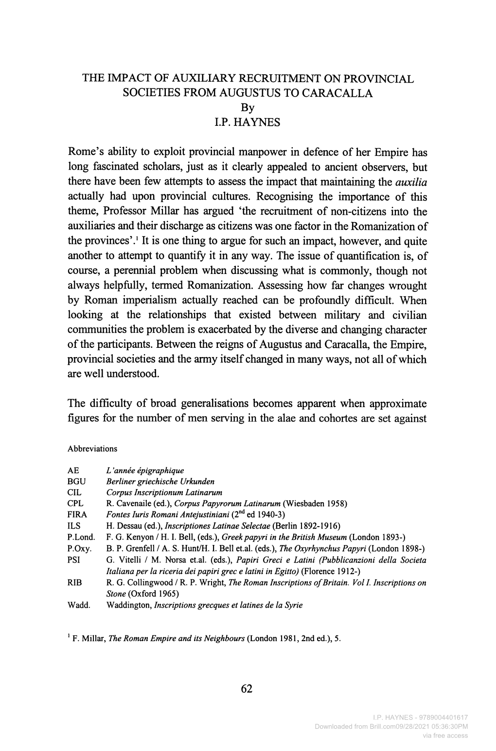 THE IMPACT of AUXILIARY RECRUITMENT on PROVINCIAL SOCIETIES from AUGUSTUS to CARACALLA by I.P.HAYNES