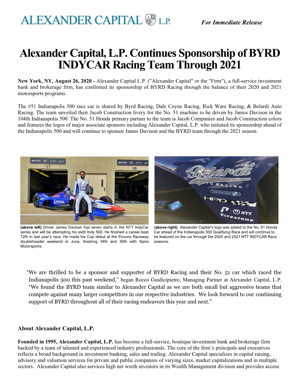 Alexander Capital, L.P. Continues Sponsorship of BYRD INDYCAR Racing Team Through 2021