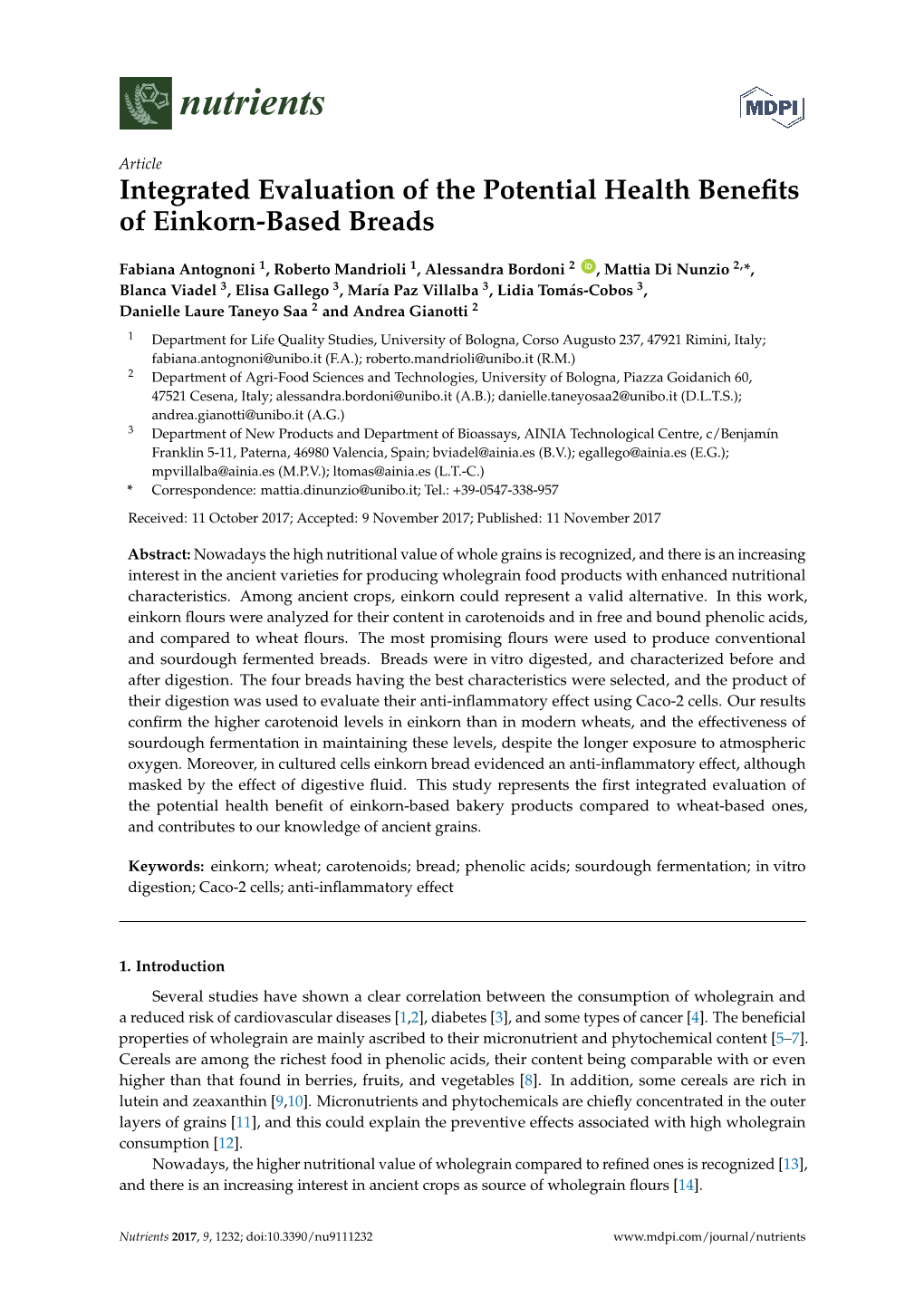 Integrated Evaluation of the Potential Health Benefits of Einkorn-Based