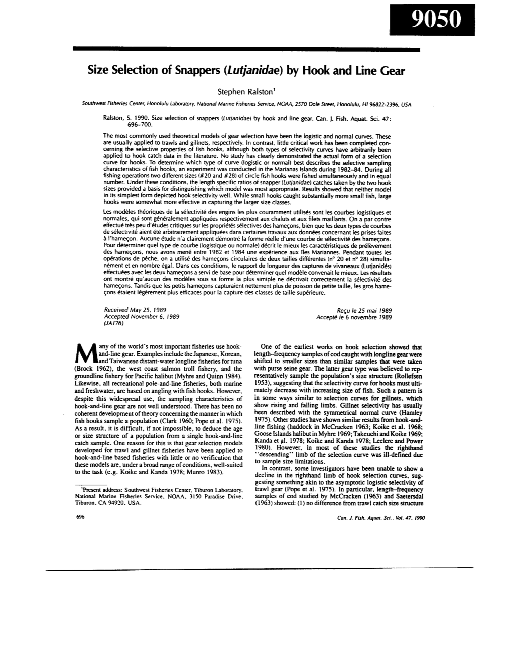 Size Selection of Snappers (Futjanidae) by Hook and Line Gear