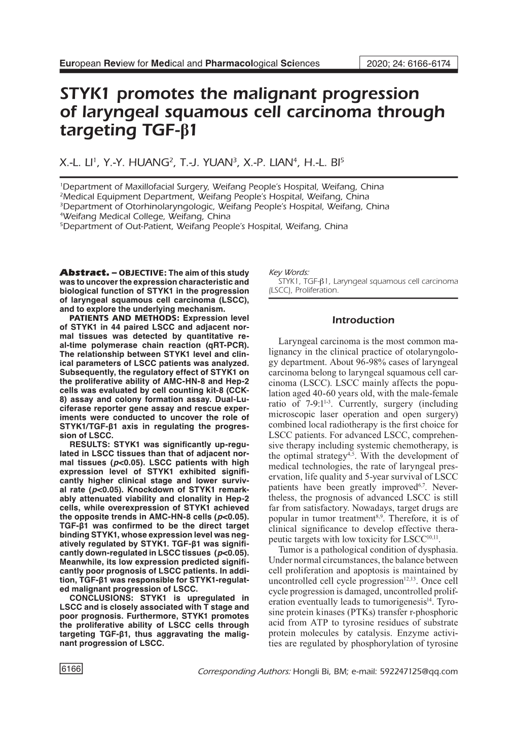 STYK1 Promotes the Malignant Progression of Laryngeal Squamous Cell Carcinoma Through Targeting TGF-Β1