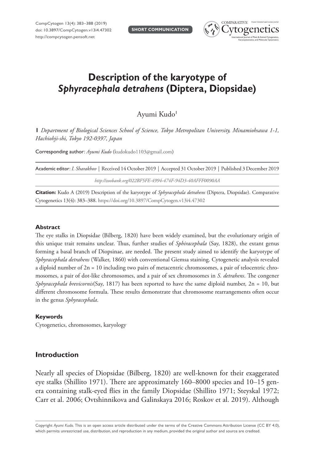 Description of the Karyotype of Sphyracephala Detrahens (Diptera, Diopsidae)