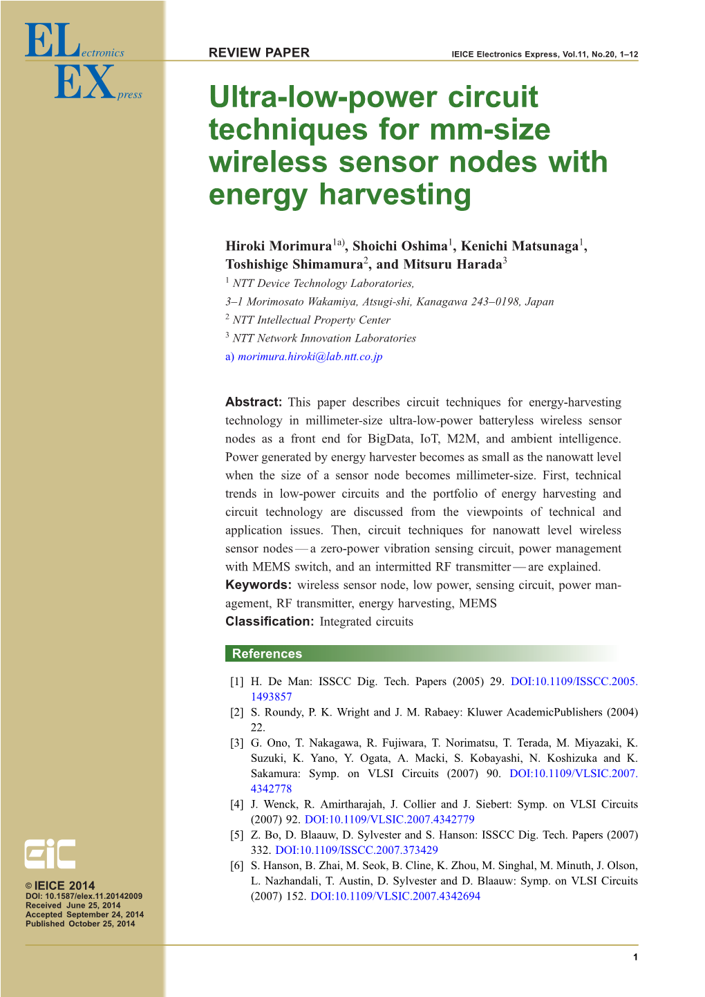 Ultra-Low-Power Circuit Techniques for Mm-Size Wireless Sensor Nodes with Energy Harvesting