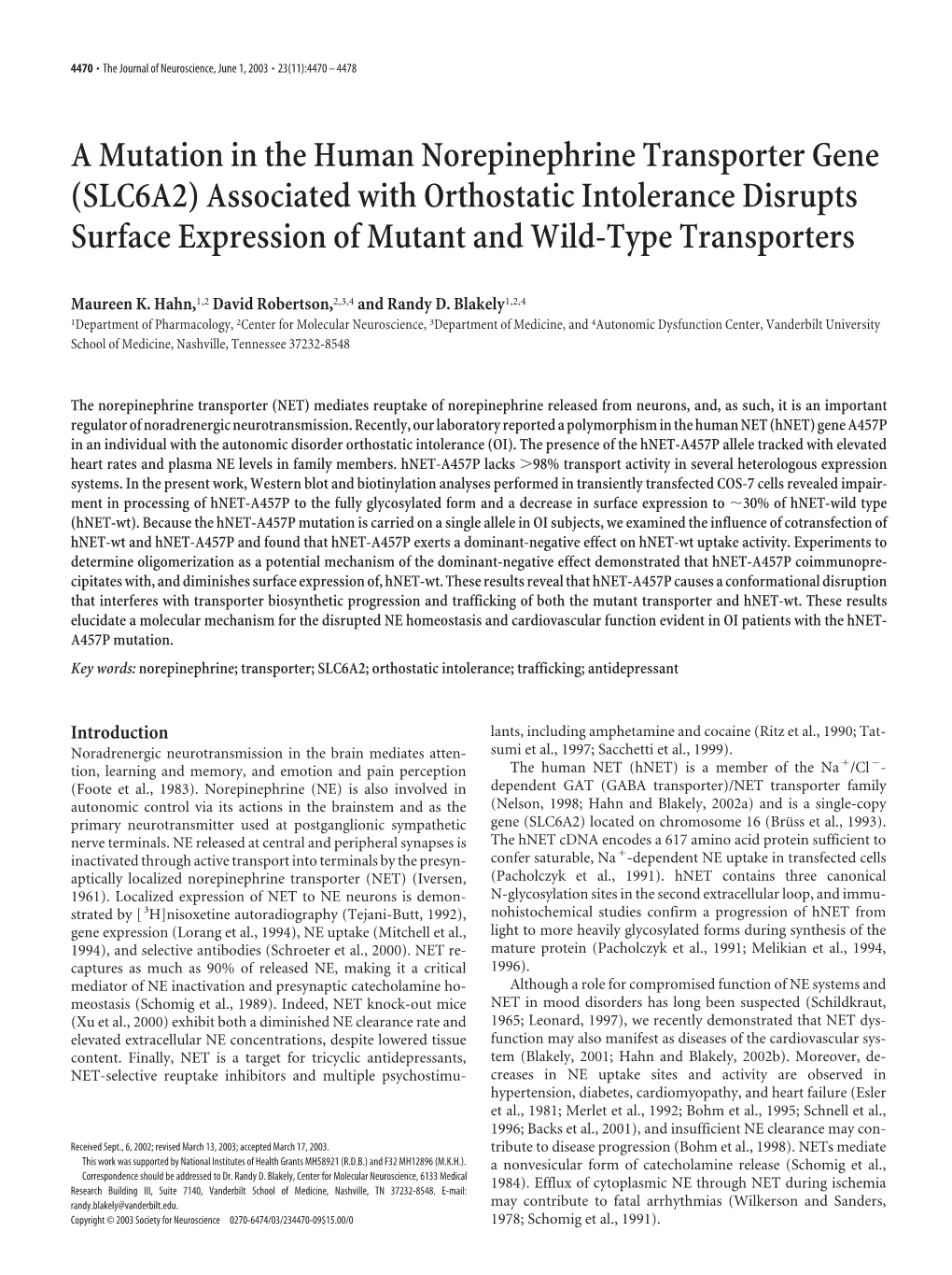 A Mutation in the Human Norepinephrine Transporter Gene