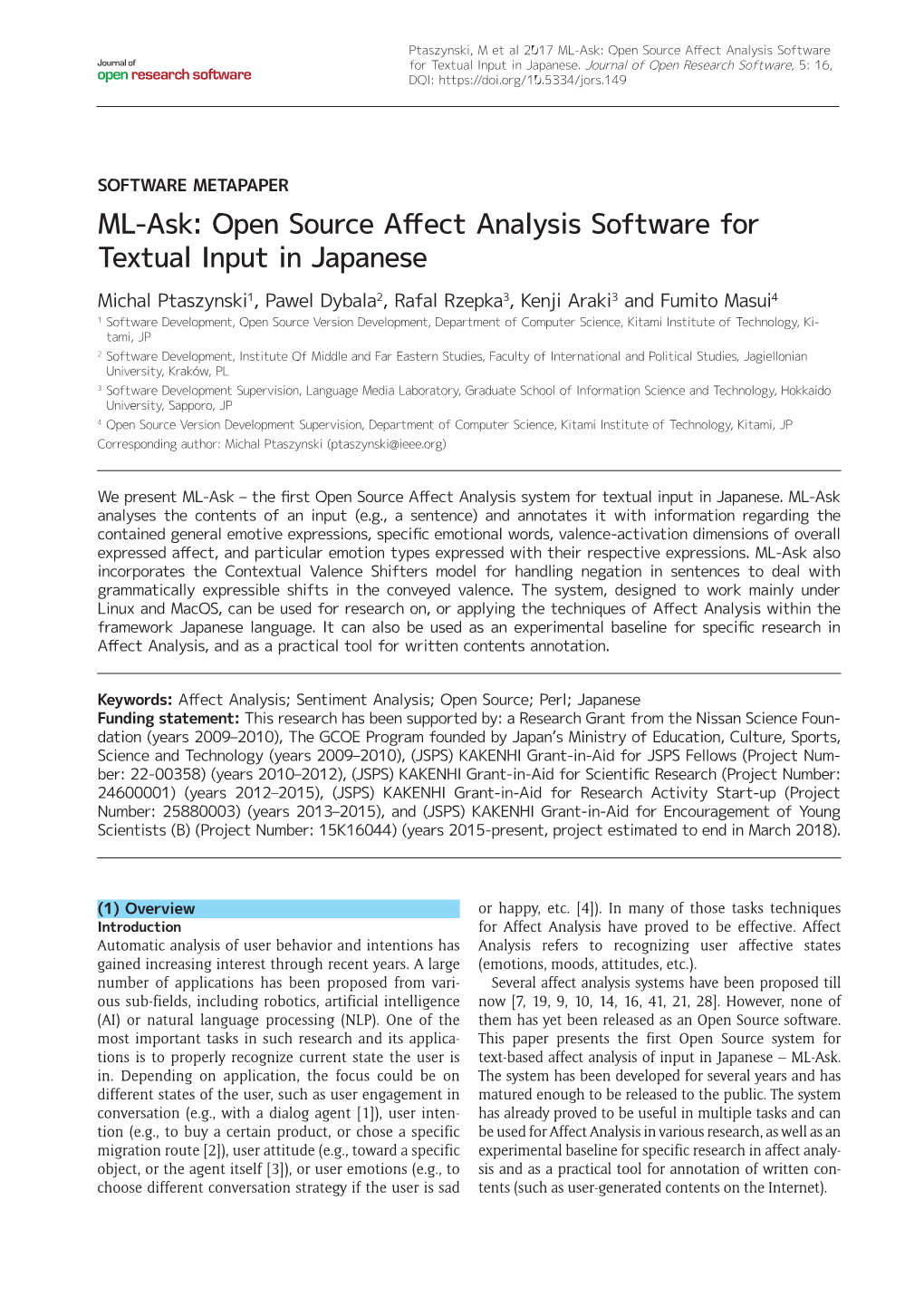 Open Source Affect Analysis Software for Textual Input in Japanese