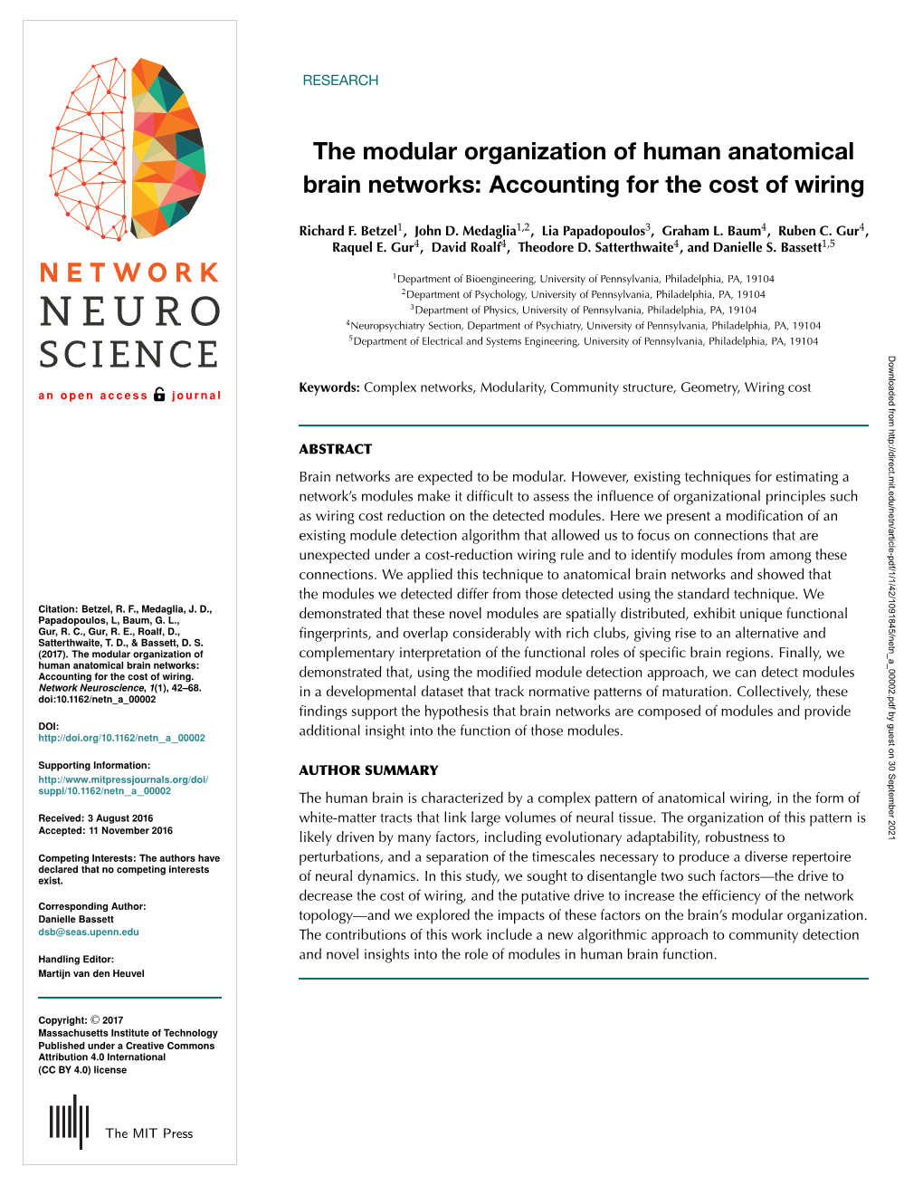 The Modular Organization of Human Anatomical Brain Networks: Accounting for the Cost of Wiring