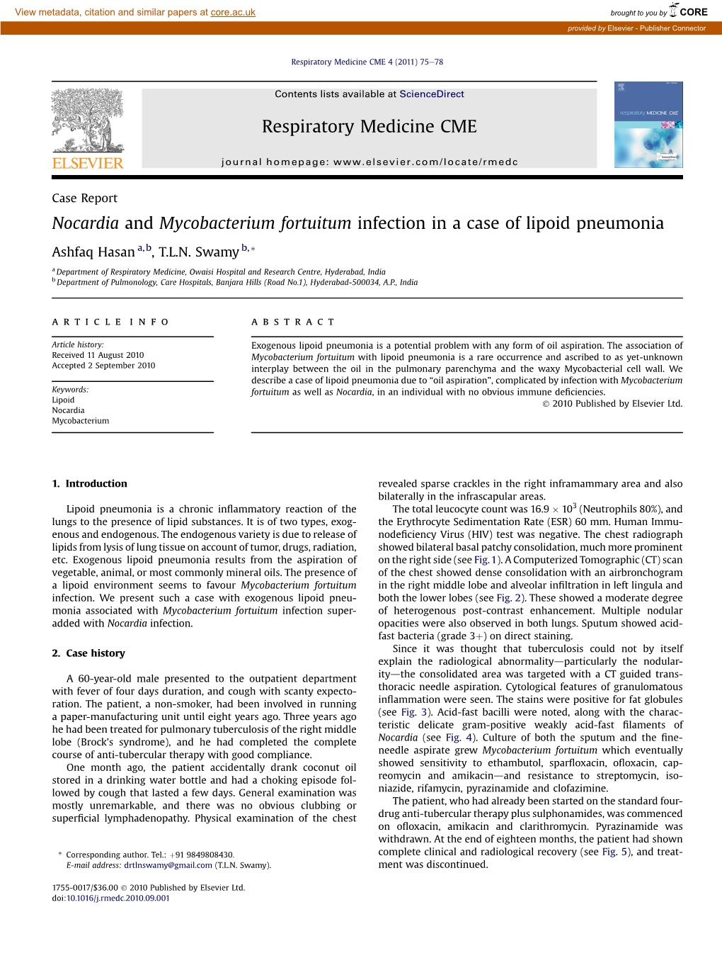 Nocardia and Mycobacterium Fortuitum Infection in a Case of Lipoid Pneumonia