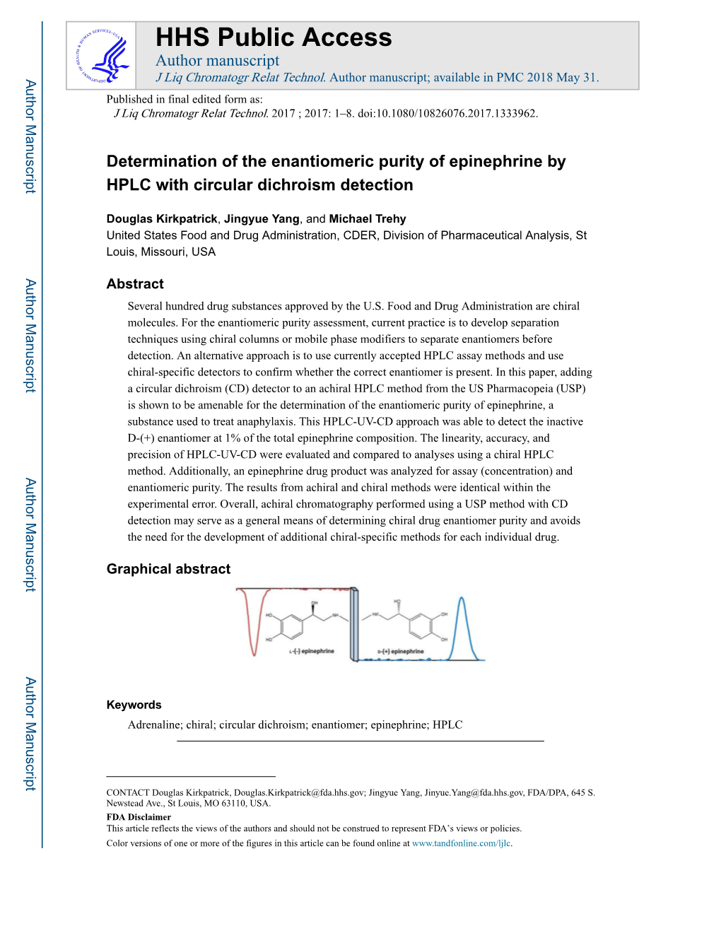 Determination of the Enantiomeric Purity of Epinephrine by HPLC with Circular Dichroism Detection