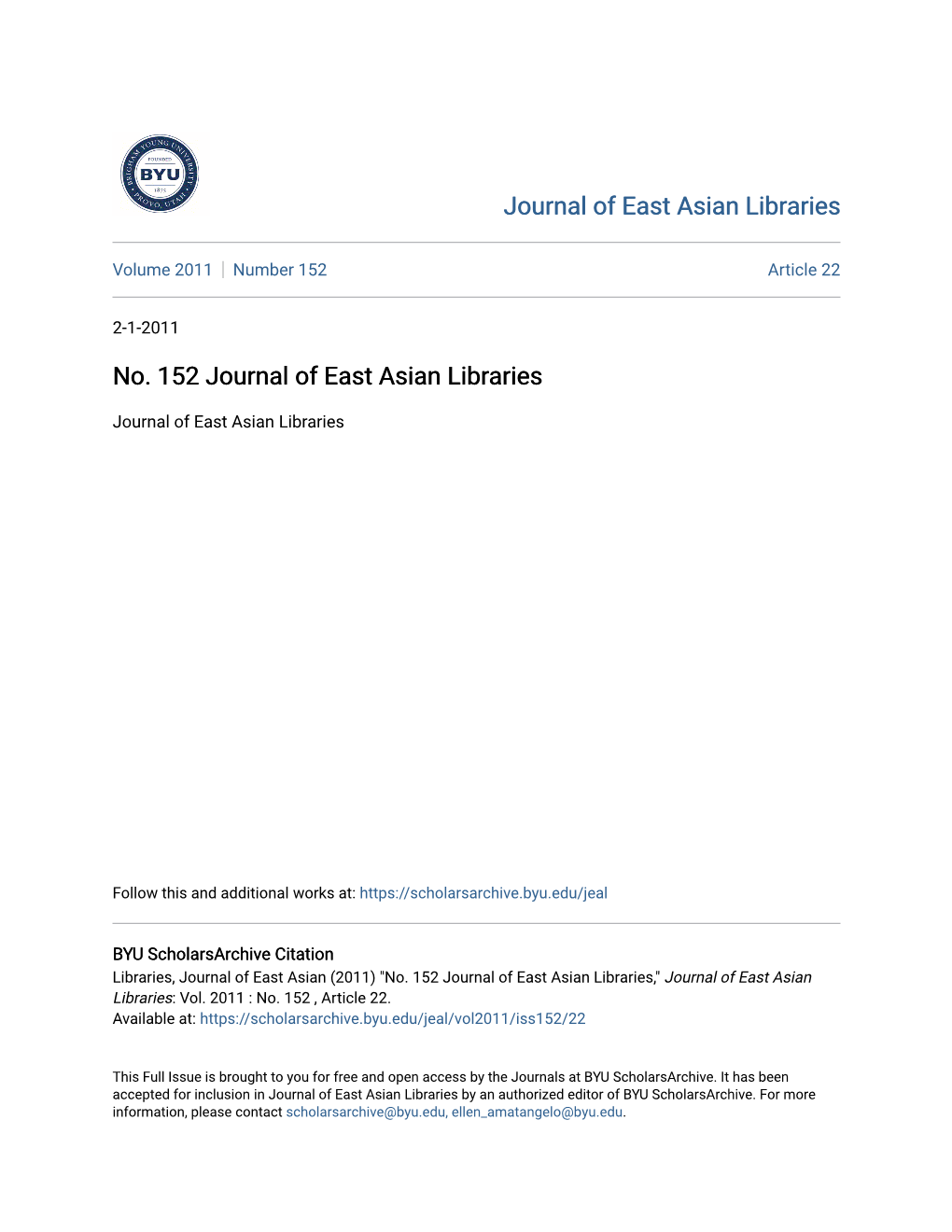 No. 152 Journal of East Asian Libraries