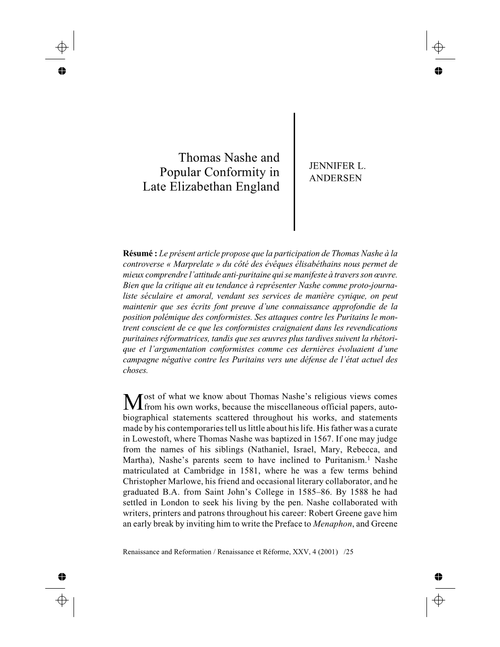 Thomas Nashe and Popular Conformity in Late Elizabethan