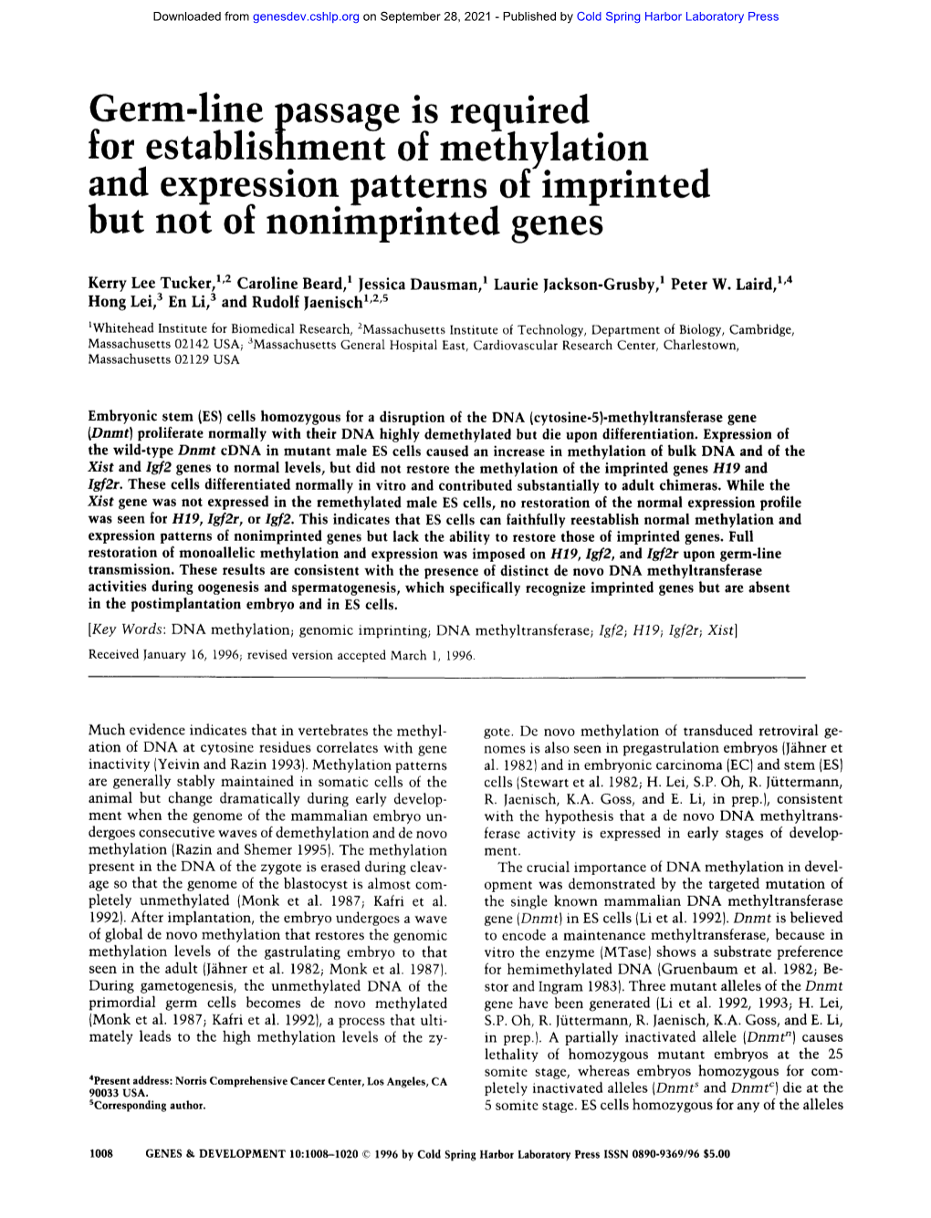 Germ-Line Passage Is Required. for Establishment of Methylatlon and Expression Patterns of Imprinted but Not of Nonimprinted Genes