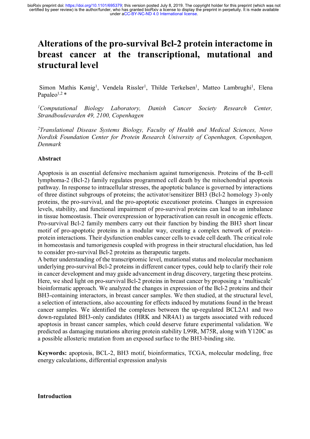 Alterations of the Pro-Survival Bcl-2 Protein Interactome in Breast Cancer at the Transcriptional, Mutational and Structural Level