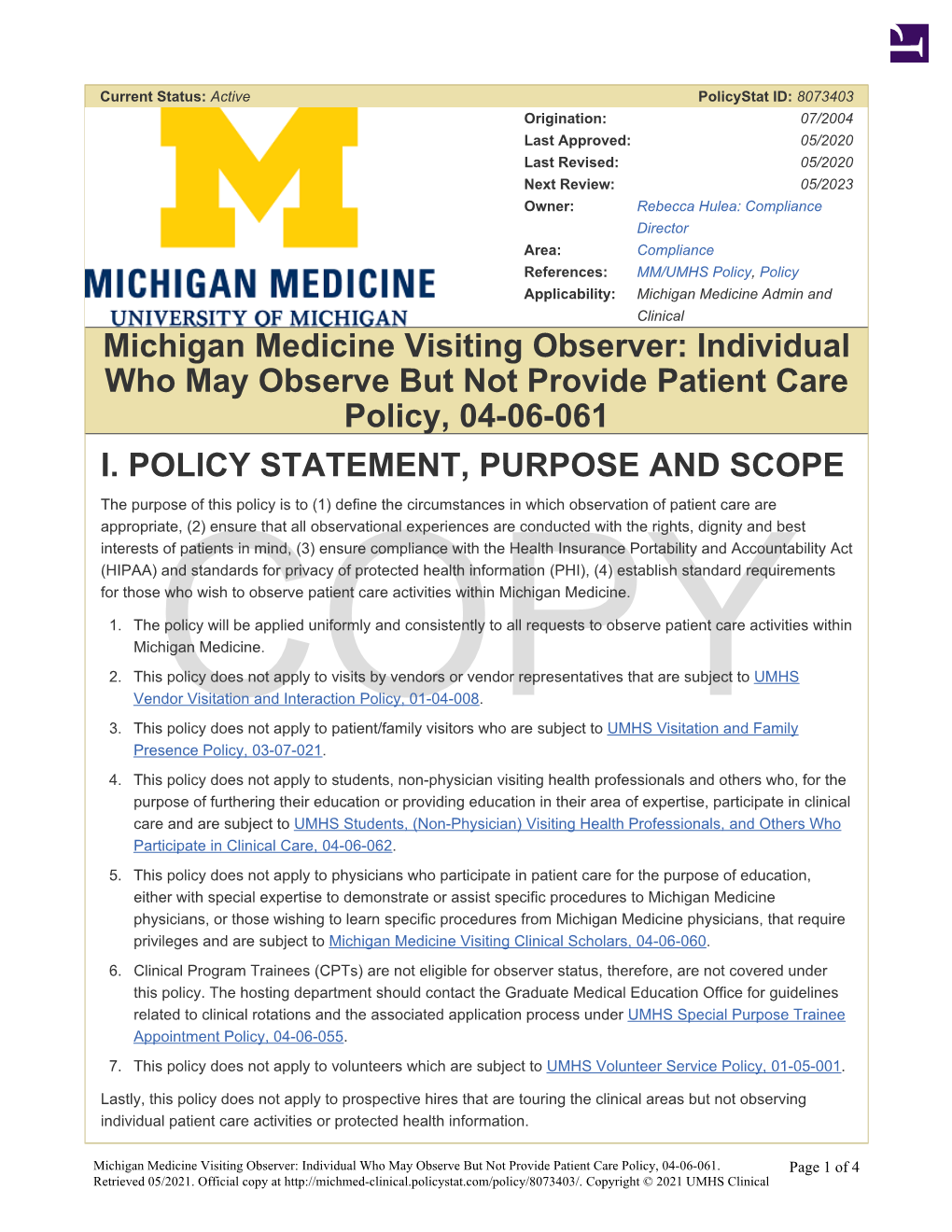 Michigan Medicine Visiting Observer Policy