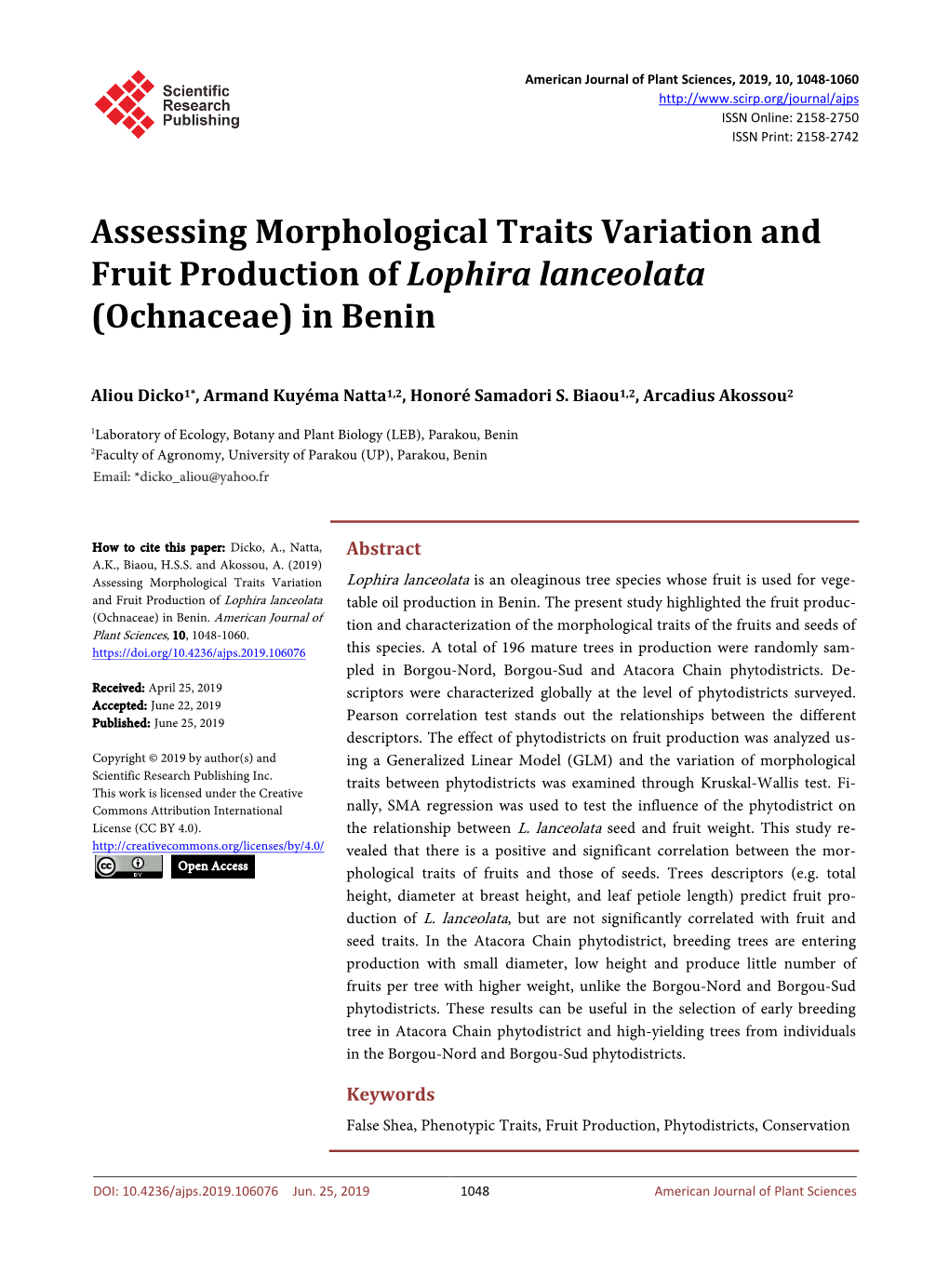 Assessing Morphological Traits Variation and Fruit Production of Lophira Lanceolata (Ochnaceae) in Benin