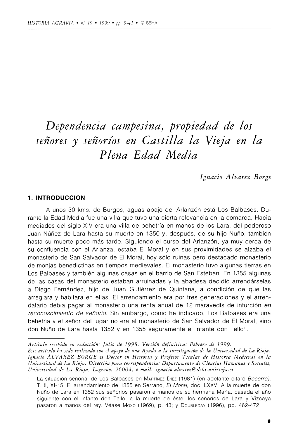 Dependencia Campesina} Propiedad De Los Senores Y Señoríos En Castilla La Vieja En La Plena Edad Media