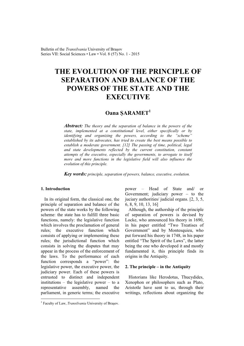 The Evolution of the Principle of Separation and Balance of the Powers of the State and the Executive