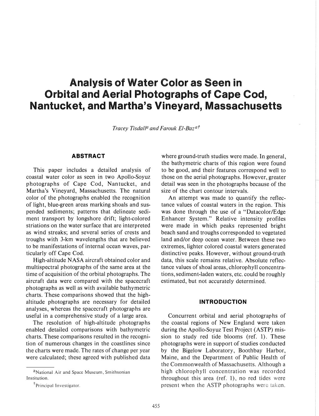 Analysis of Water Color As Seen in Orbital and Aerial Photographs of Cape Cod, Nantucket, and Martha's Vineyard, Massachusetts