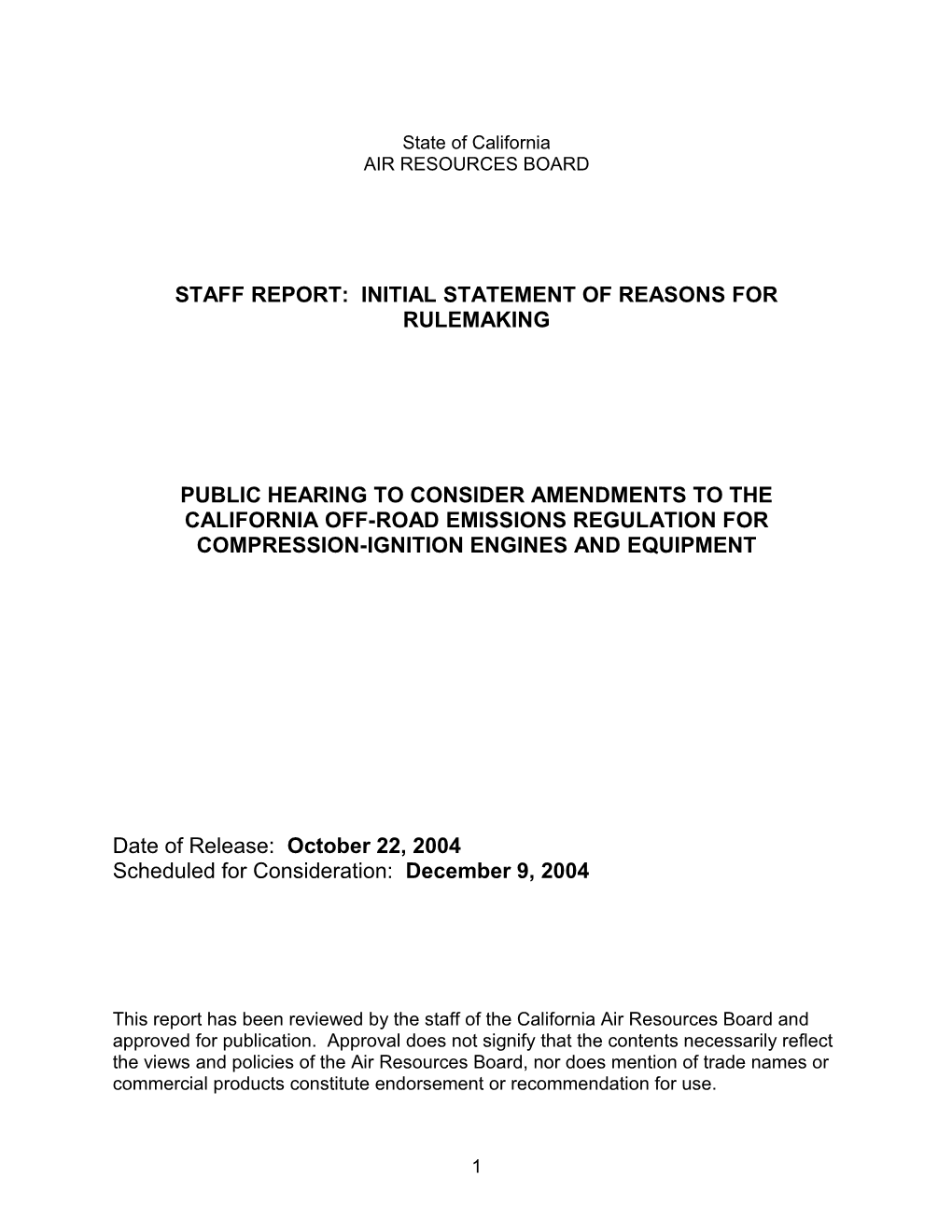 Staff Report: Initial Statement of Reasons for Rulemaking