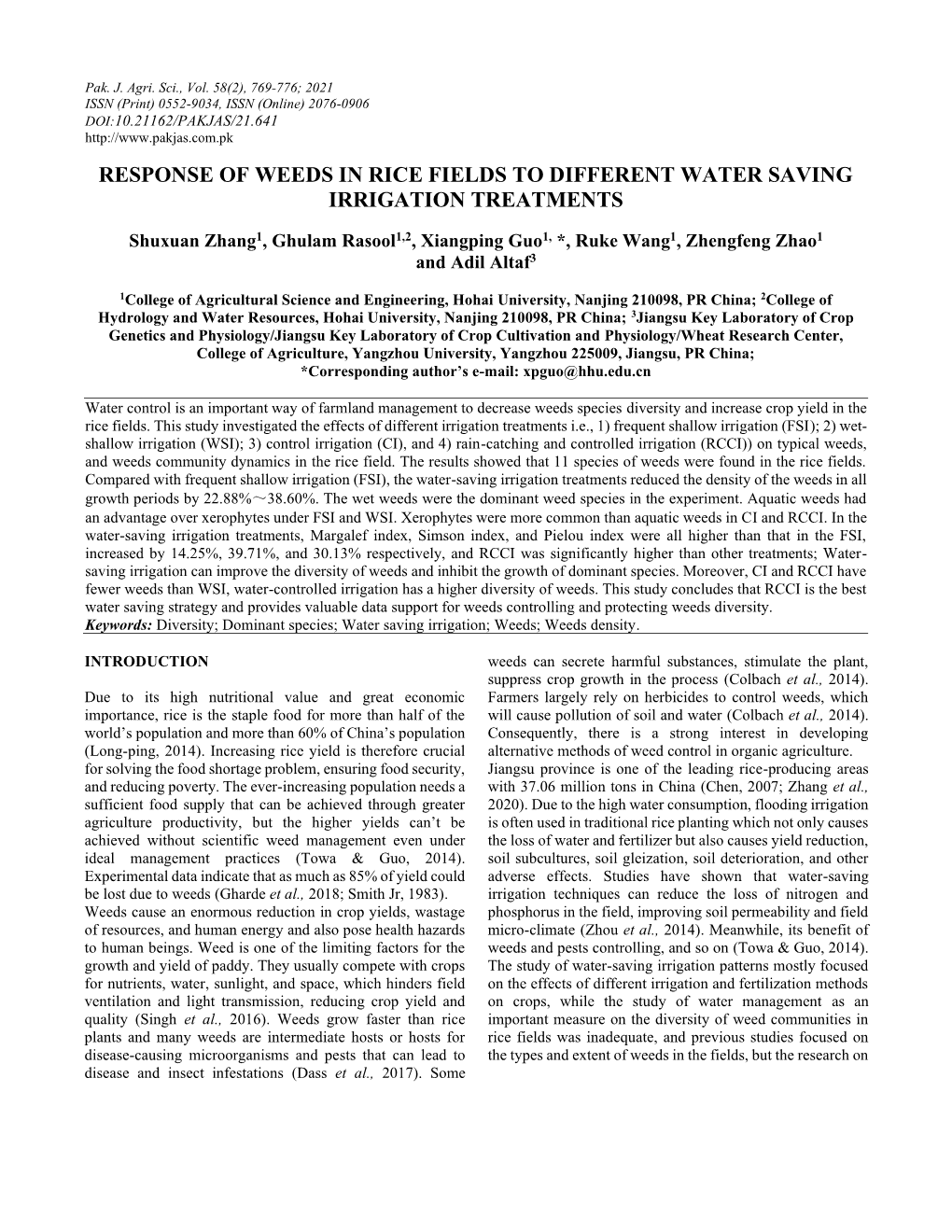 Response of Weeds in Rice Fields to Different Water Saving Irrigation Treatments