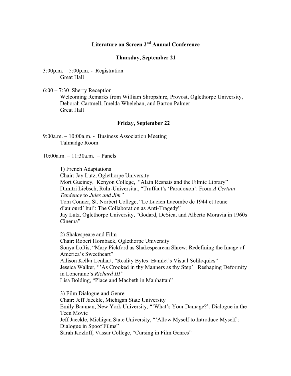 Literature on Screen 2Nd Annual Conference Thursday, September