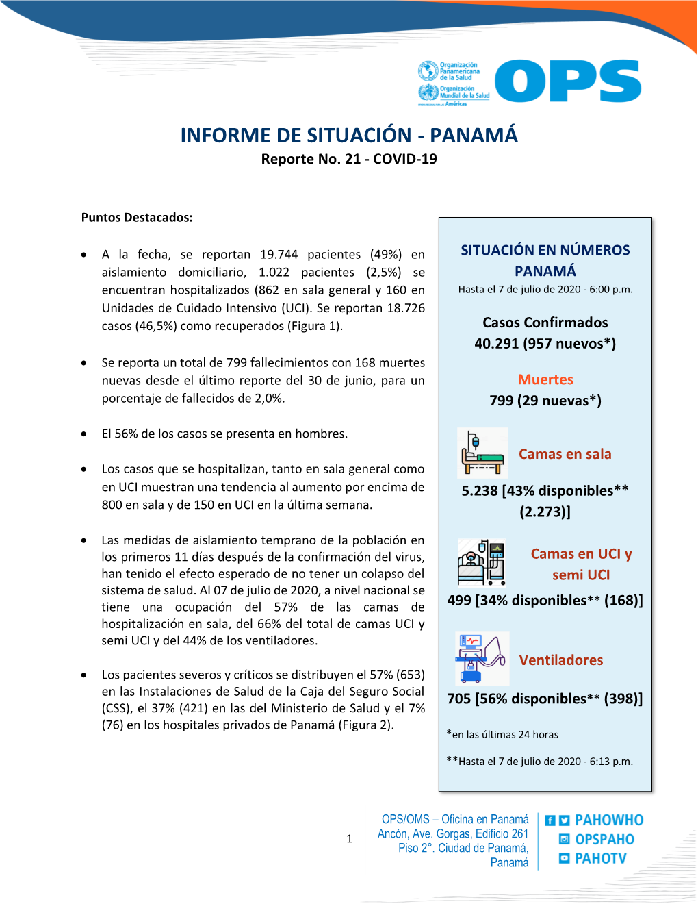 INFORME DE SITUACIÓN - PANAMÁ Reporte No