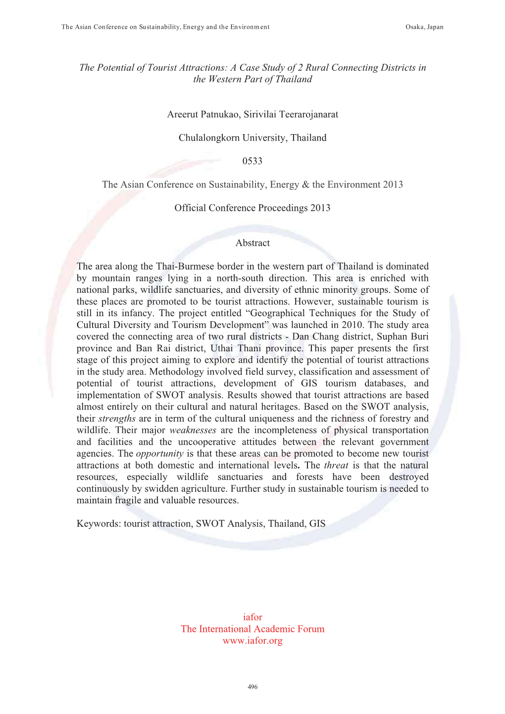 The Potential of Tourist Attractions: a Case Study of 2 Rural Connecting Districts in the Western Part of Thailand