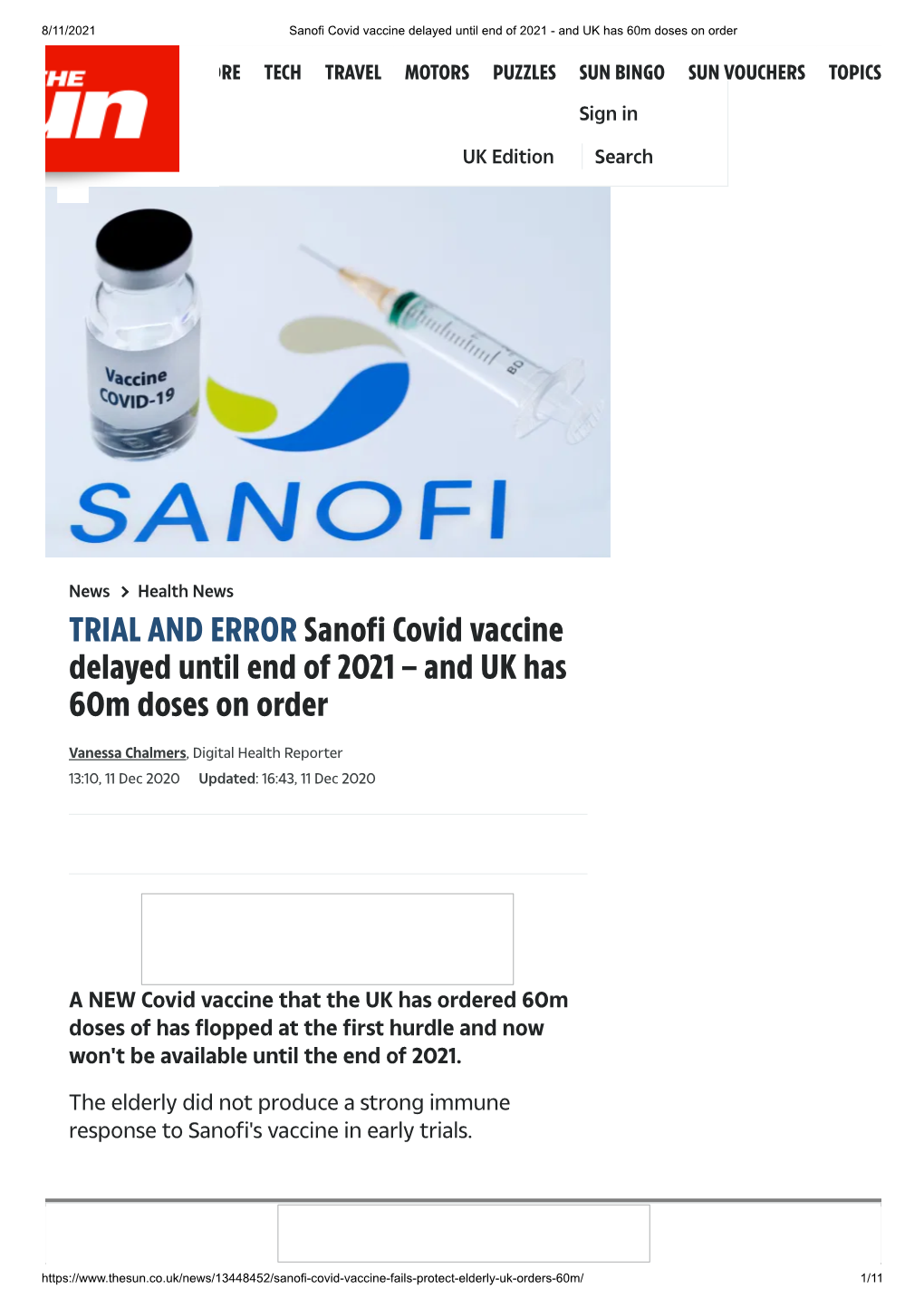 TRIAL and ERROR Sanofi Covid Vaccine Delayed Until