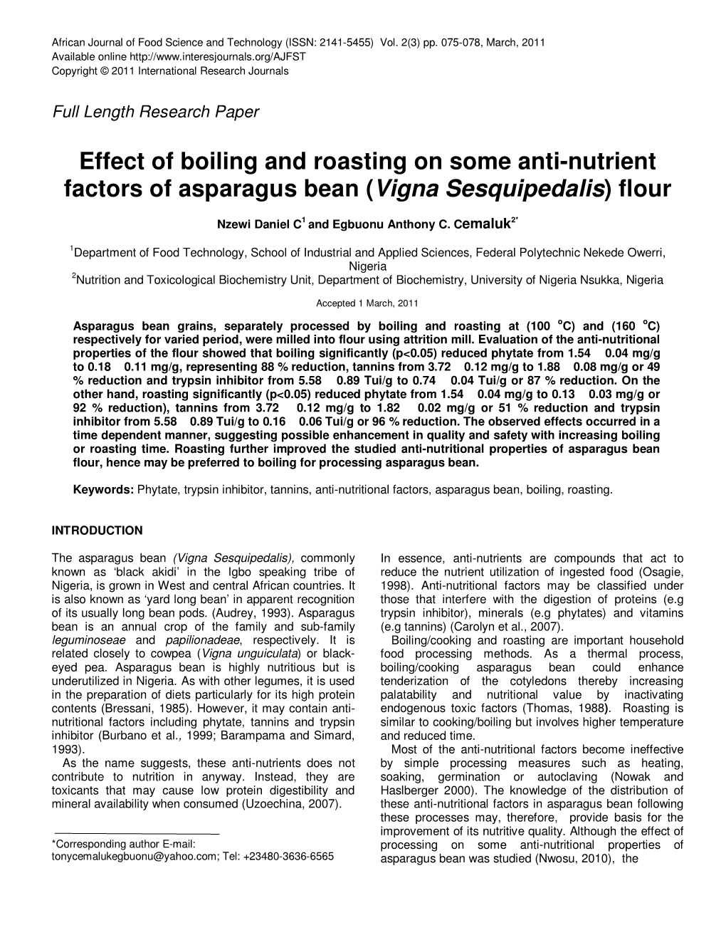 Effect of Boiling and Roasting on Some Anti-Nutrient Factors of Asparagus Bean (Vigna Sesquipedalis) Flour