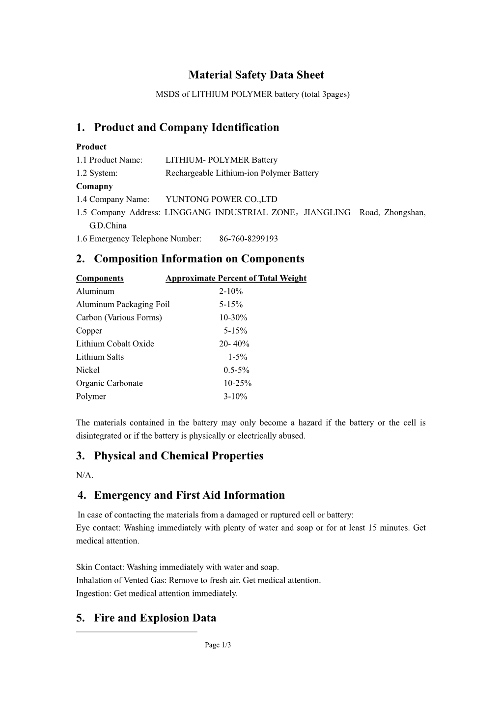 Material Safety Data Sheet Lithium Polymer Battery