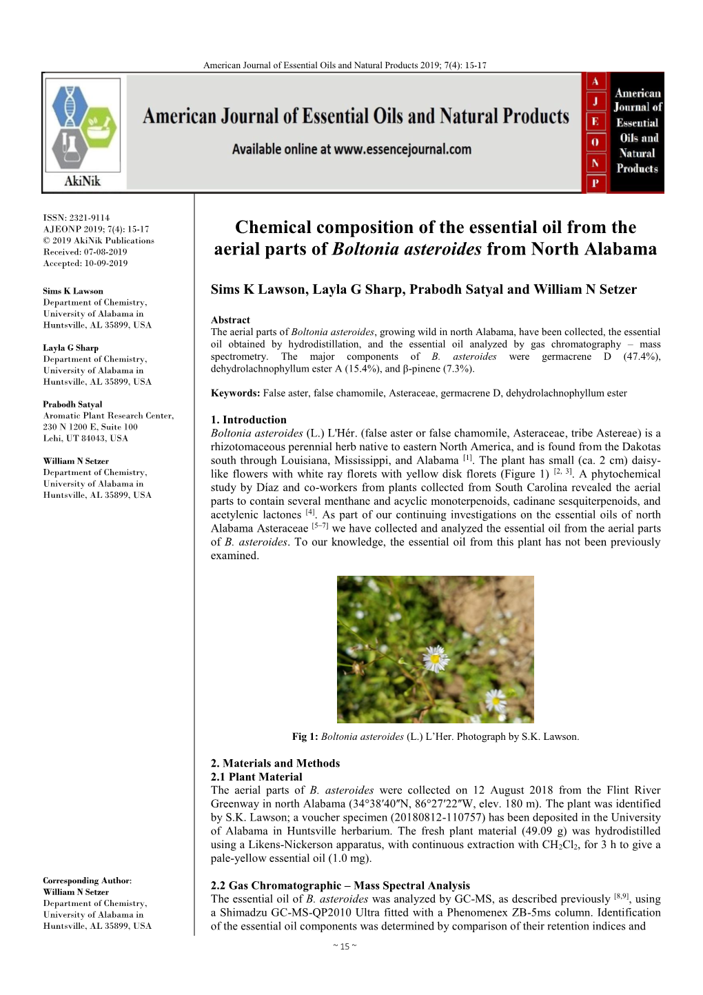 Chemical Composition of the Essential Oil from the Aerial Parts of Boltonia Asteroides (L.) L’Her