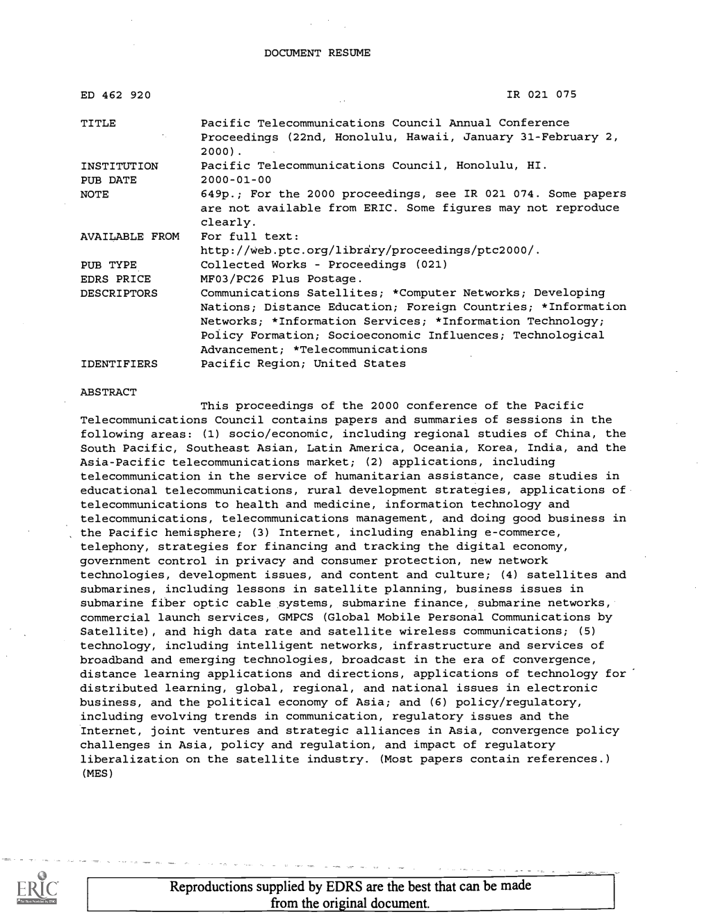 Pacific Telecommunications Council Annual Conference Proceedings (22Nd, Honolulu, Hawaii, January 31-February 2, 2000)