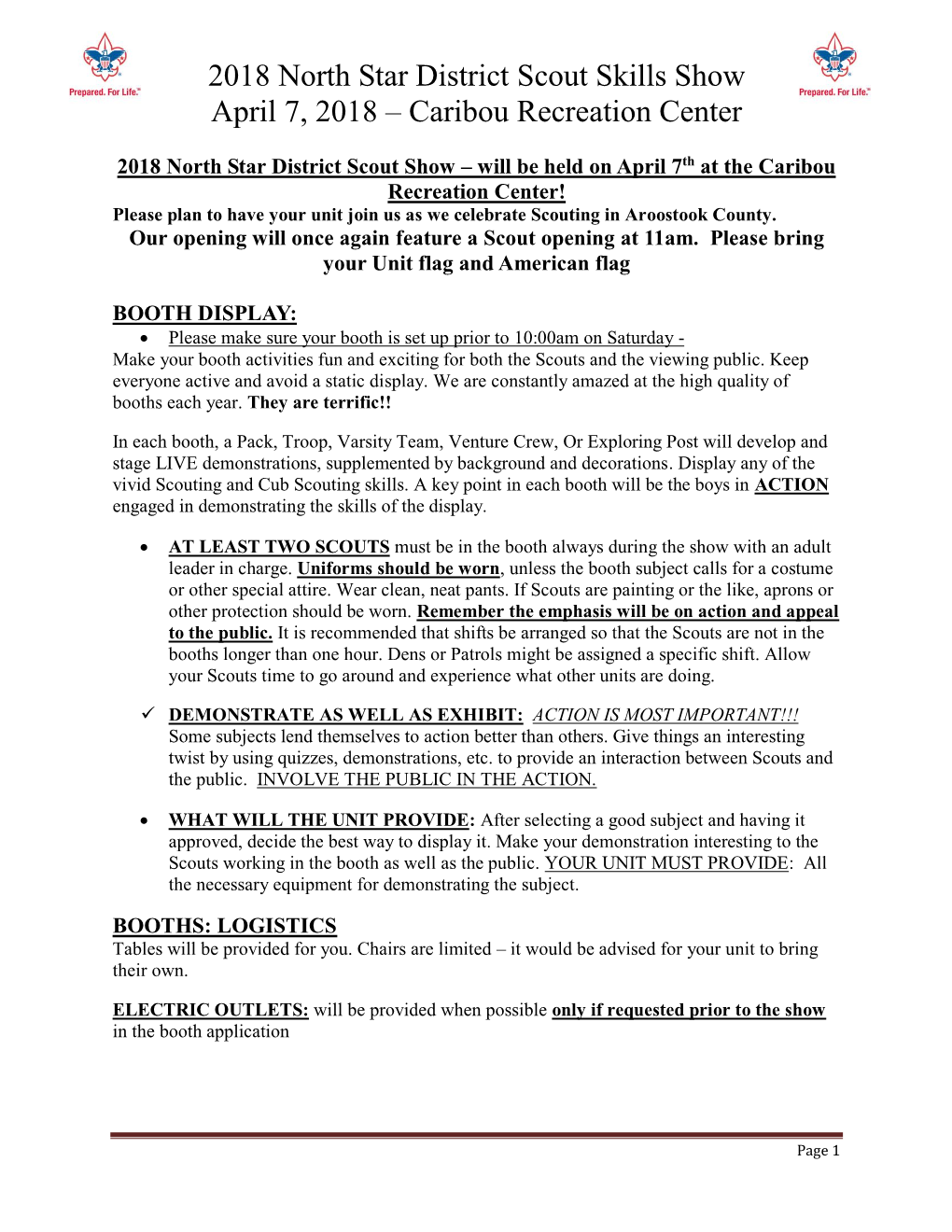 2018 North Star District Scout Skills Show April 7, 2018 – Caribou Recreation Center