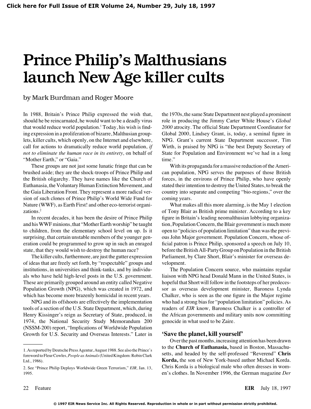 Prince Philip's Malthusians Launch New Age Killer Cults