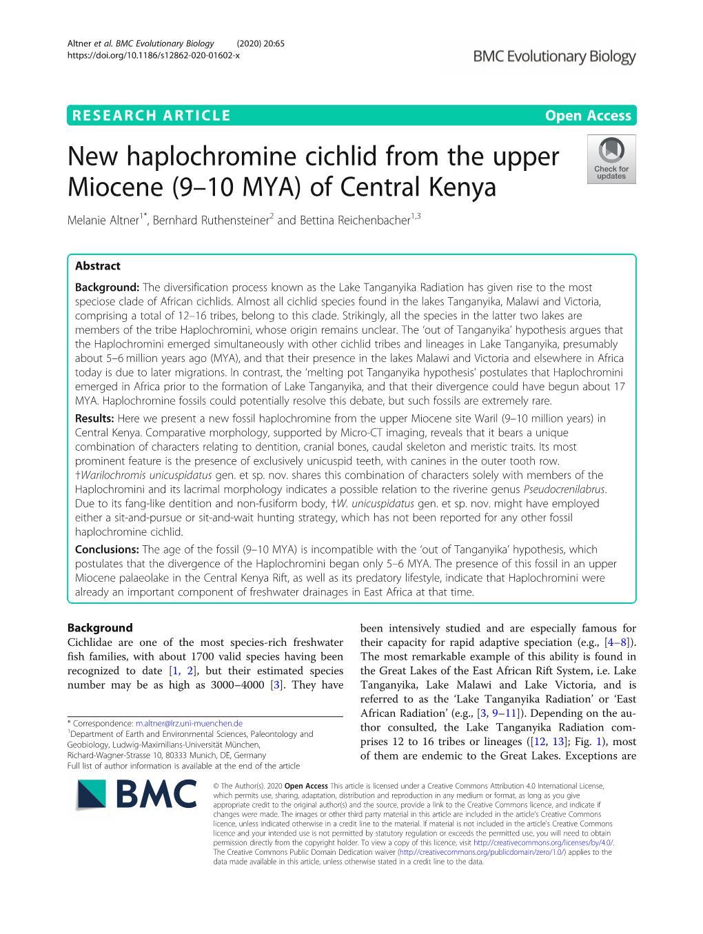 New Haplochromine Cichlid from the Upper Miocene (9–10 MYA) of Central Kenya Melanie Altner1*, Bernhard Ruthensteiner2 and Bettina Reichenbacher1,3