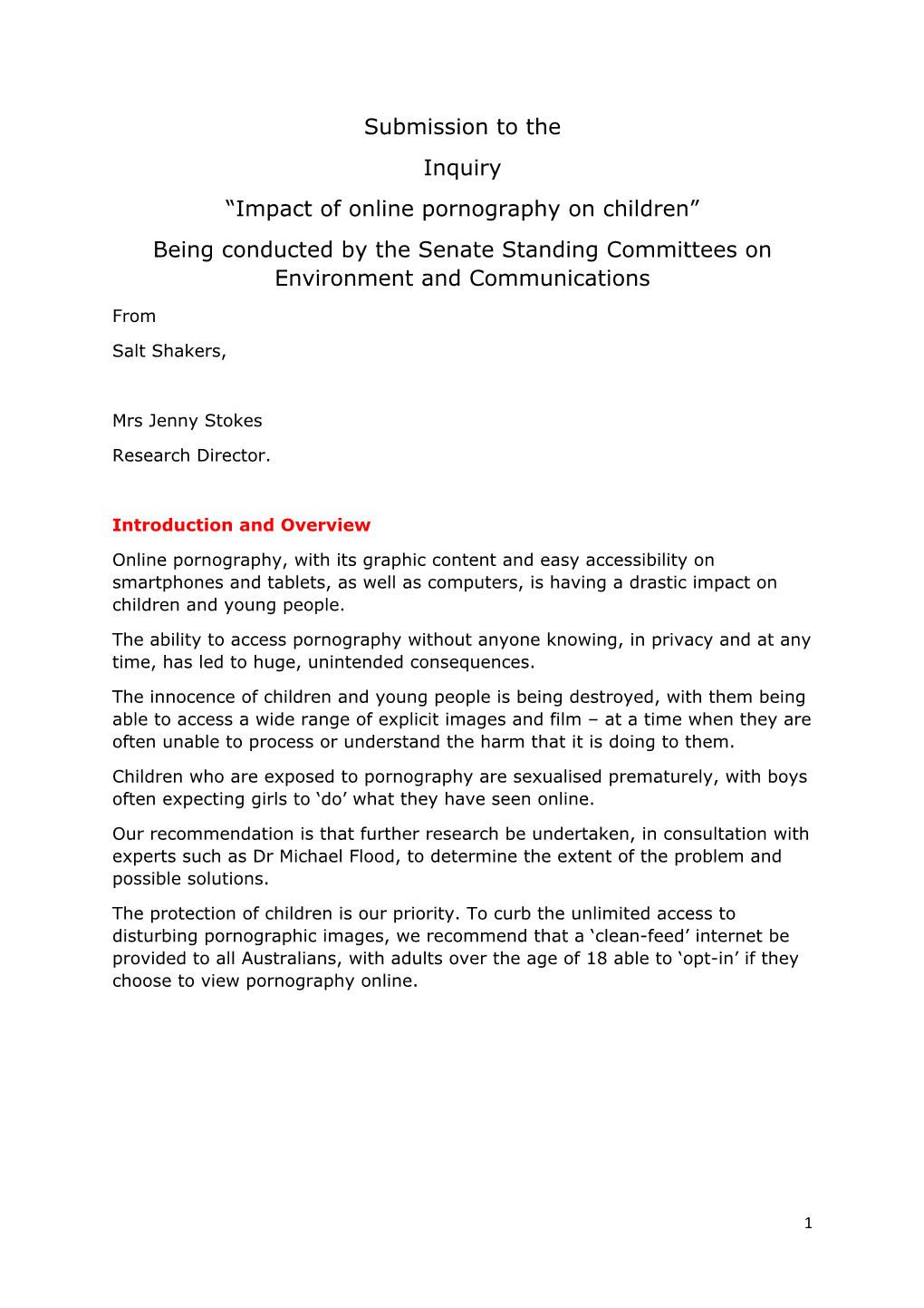 Submission to the Inquiry “Impact of Online Pornography on Children” Being Conducted by the Senate Standing Committees on Environment and Communications