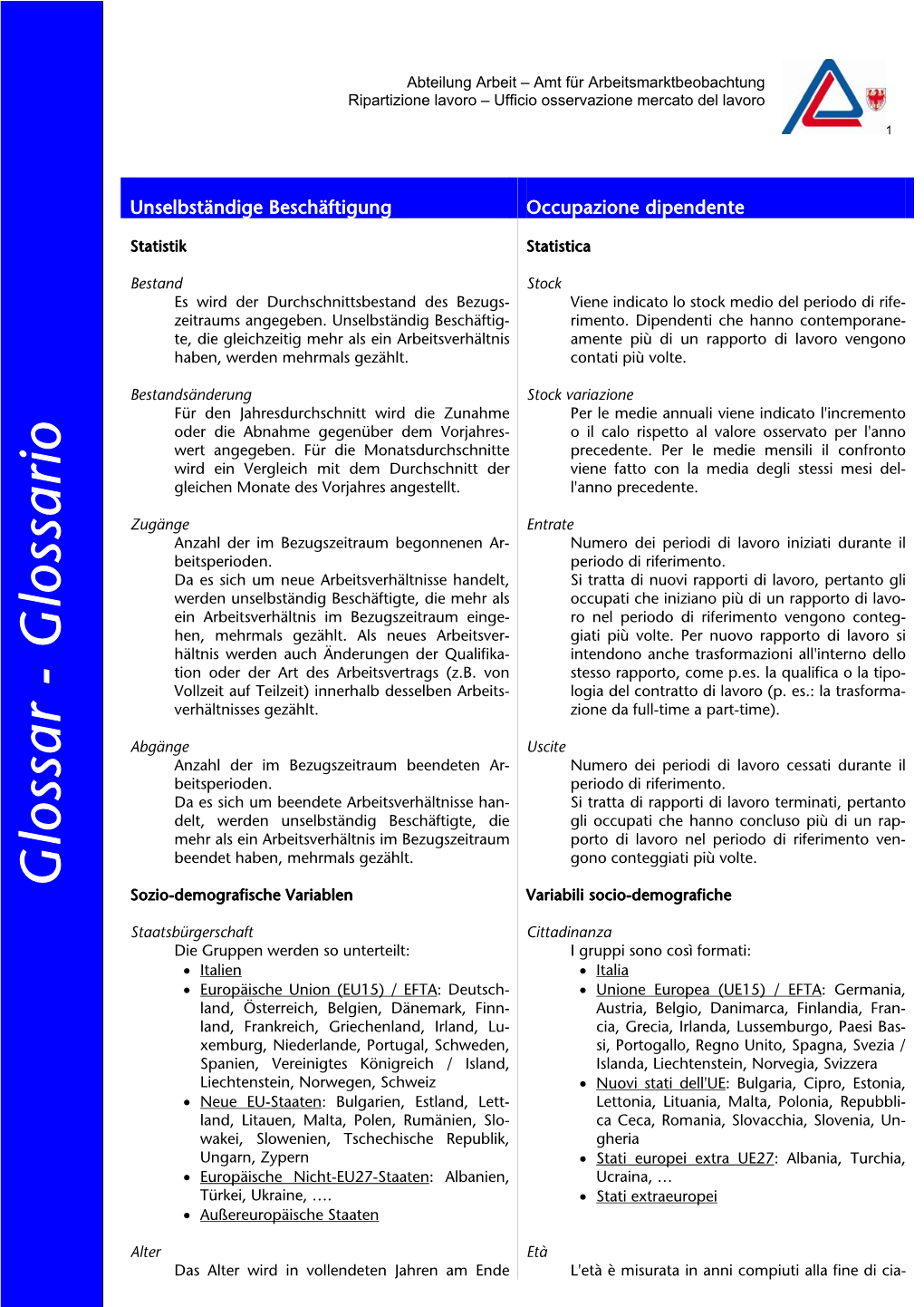 Glossar - Glossario Sozio-Demografische Variablen Variabili Socio-Demografiche