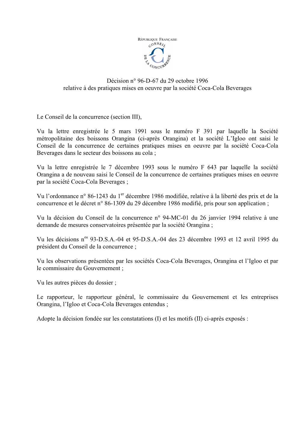 Décision N° 96-D-67 Du 29 Octobre 1996 Relative À Des Pratiques Mises En Oeuvre Par La Société Coca-Cola Beverages