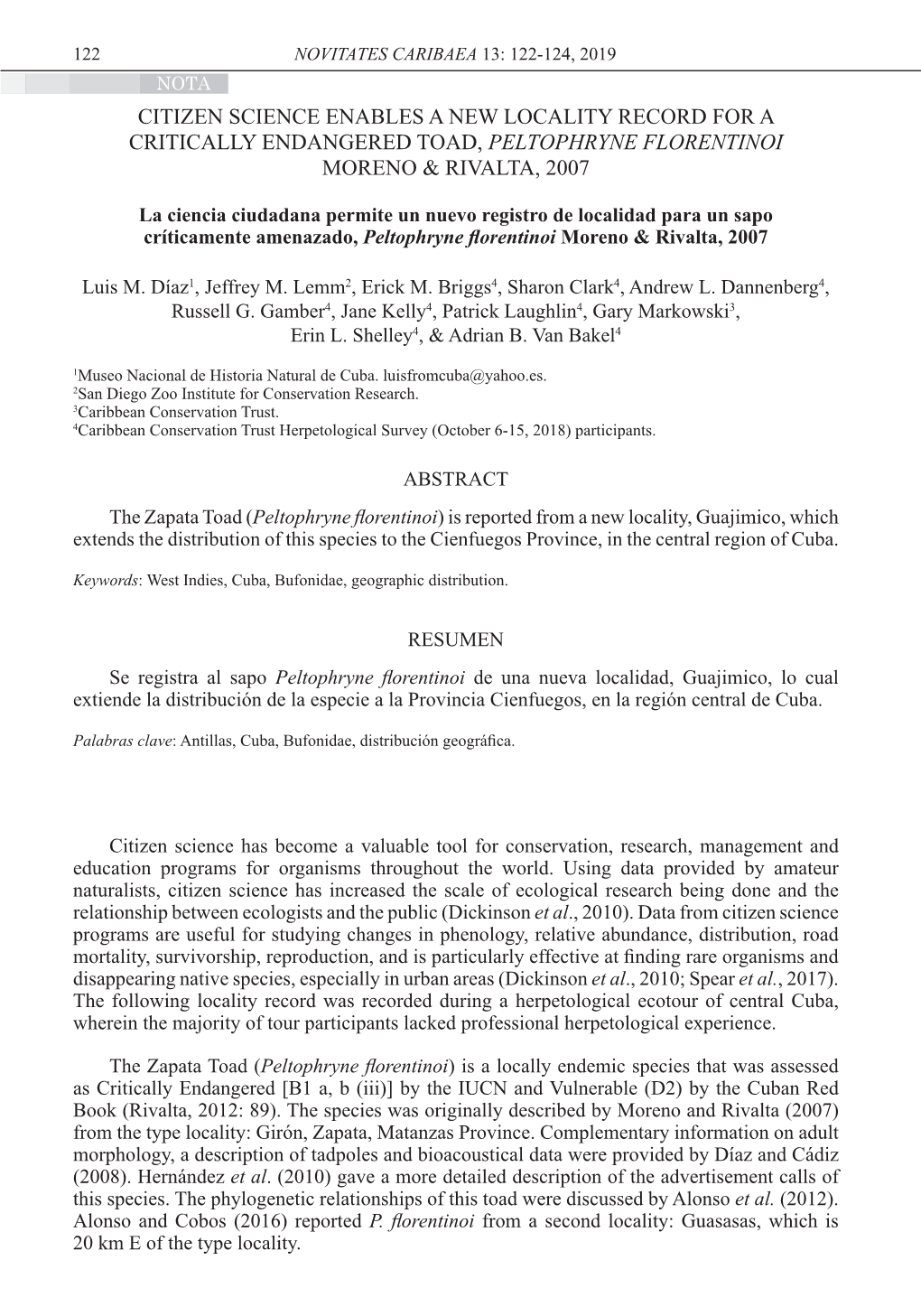 Citizen Science Enables a New Locality Record for a Critically Endangered Toad, Peltophryne Florentinoi Moreno & Rivalta, 2007