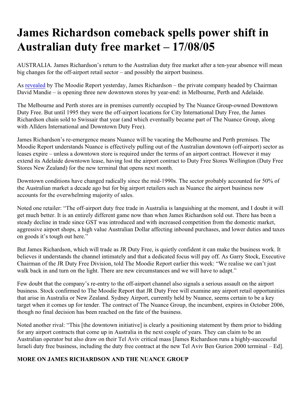 James Richardson Comeback Spells Power Shift in Australian Duty Free Market – 17/08/05