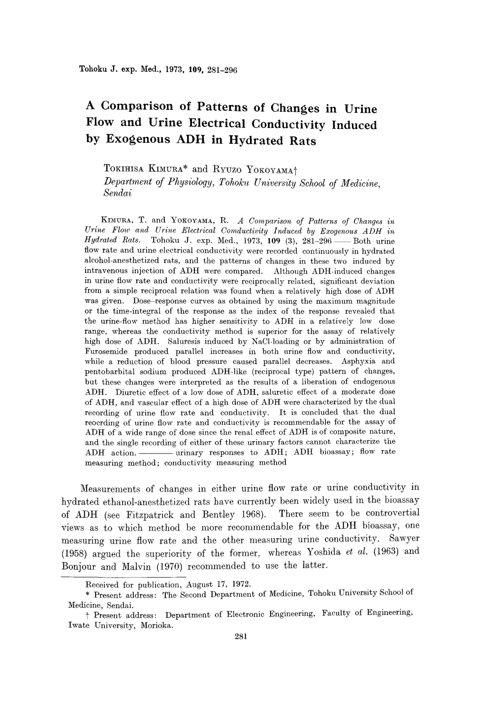 A Comparison of Patterns of Changes in Urine Flow and Urine Electrical Conductivity Induced by Exogenous ADH in Hydrated Rats